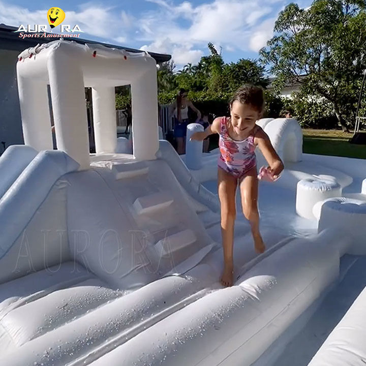 White Outdoor Inflatable Soft Play Equipment Playground Water Slide Pool For Kids