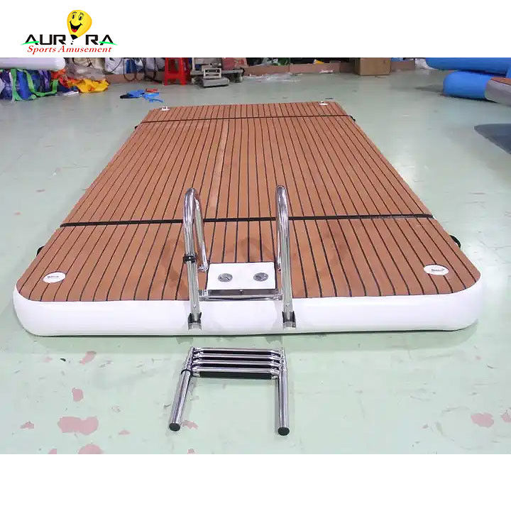 OEM Inflatable Floating Dock Swim Platform With Ladder Drop Stitch PVC Teak Foam