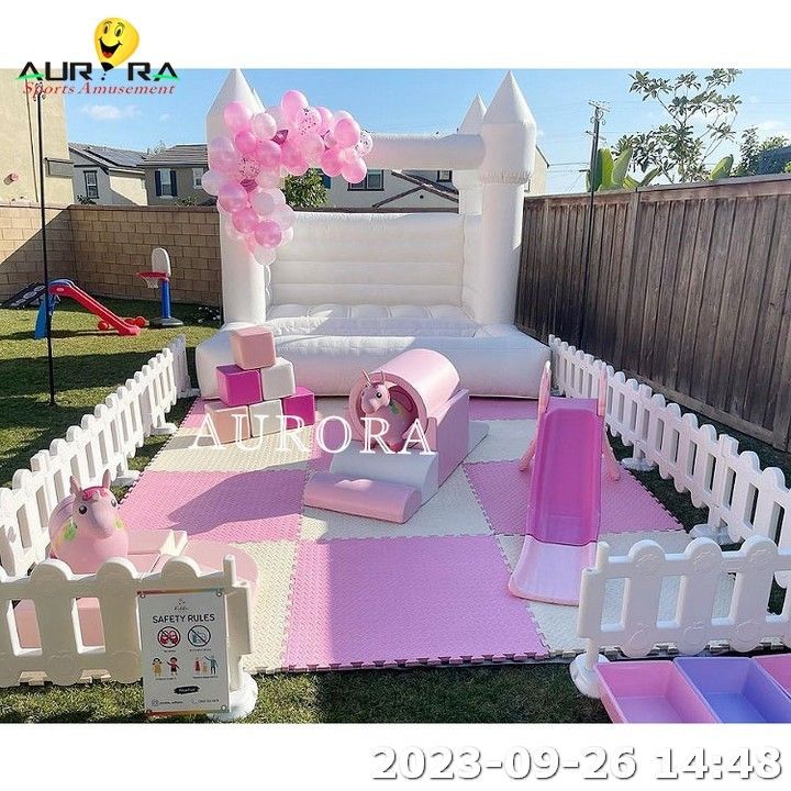 Inflatable Bouncing Blue Mini Castle Soft Play Equipment Area For Kids With Fence
